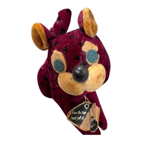 Vintage Handmade Fancy Animal Japan Plush Toy With Tag Maroon Yellow Leopard Cat - Picture 7 of 8